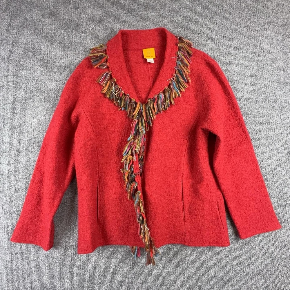 Ruby Rd. Cardigan Sweater Womens Medium Red Wool Fringe Tassel Open Front Boho